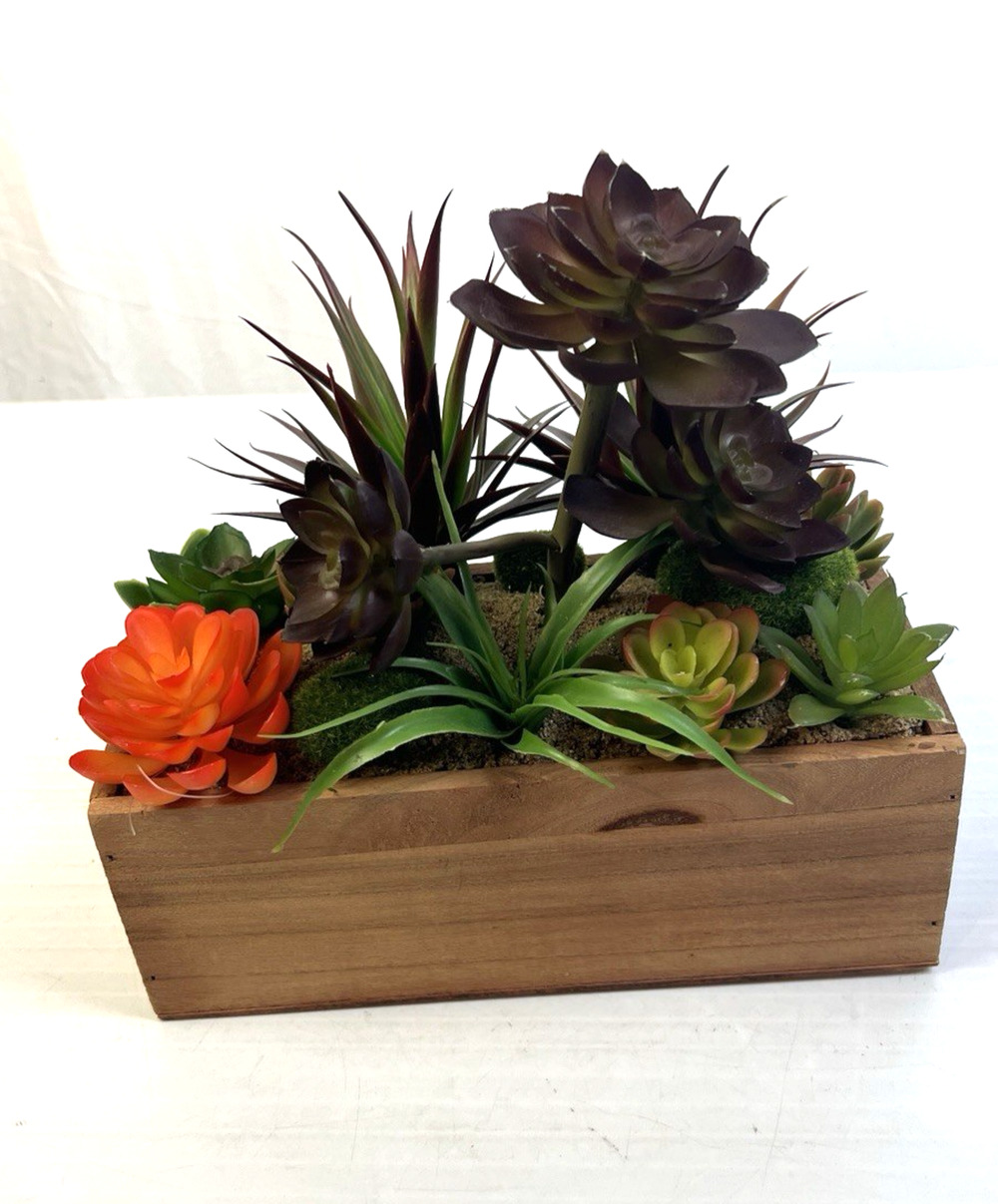 Decorative Faux Succulent Arrangement Home Decor Wooden Planter Box Rustic